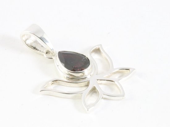 Opengewerkte zilveren lotus bloem hanger met granaat afbeelding 2
