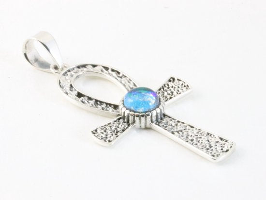 Bewerkte zilveren ankh hanger met blauwe opaal afbeelding 2