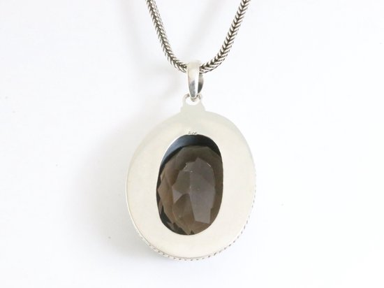 Bewerkte zilveren hanger met grote rookkwarts steen aan ketting afbeelding 3