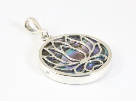 Ronde zilveren lotus bloem hanger met abalone schelp afbeelding 2