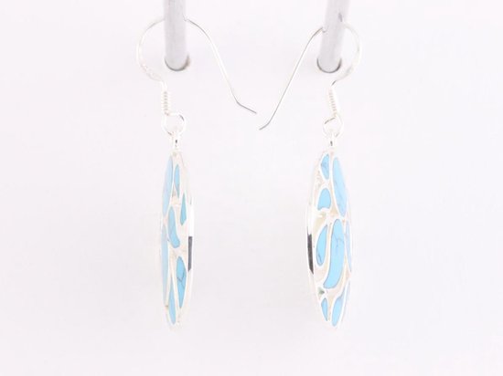 Ronde opengewerkte zilveren oorbellen met blauwe turkoois afbeelding 2