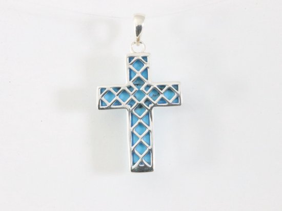 Fijne zilveren kruishanger met blauwe turkoois afbeelding 3