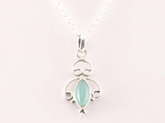 Fijne opengewerkte zilveren hanger met aqua chalcedoon aan ketting afbeelding 4