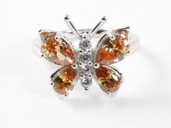 Hoogglans zilveren vlinder ring met citrien en witte topaas afbeelding 4