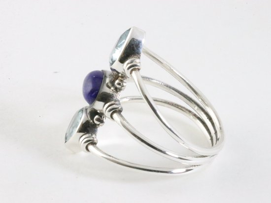Langwerpige zilveren ring met lapis lazuli en blauwe topaas - maat 20 afbeelding 2