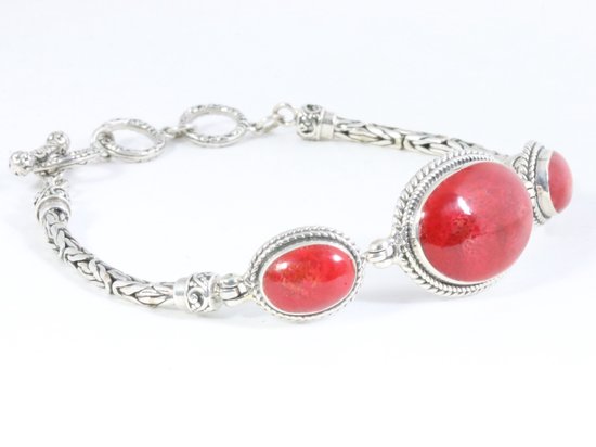 Traditionele zilveren armband met koningsschakels en rode koraal stenen afbeelding 2
