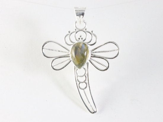 Opengewerkte zilveren libelle hanger met labradoriet afbeelding 4