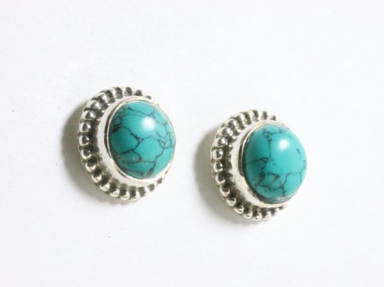 Ronde bewerkte zilveren oorstekers met turkoois afbeelding 1