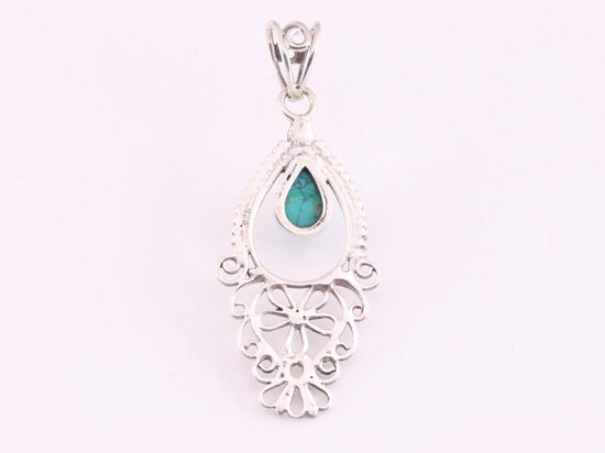 Fijne lange opengewerkte zilveren hanger met turkoois afbeelding 3