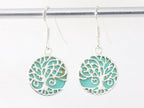 Ronde zilveren oorbellen met levensboom op groene turkoois afbeelding 3