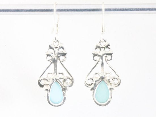 Opengewerkte zilveren oorbellen met blauwe chalcedoon afbeelding 2
