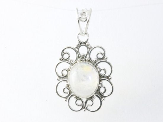 Opengewerkte zilveren hanger met regenboog maansteen afbeelding 4