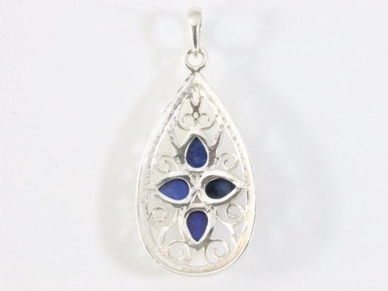 Langwerpige opengewerkte zilveren hanger met lapis lazuli afbeelding 3
