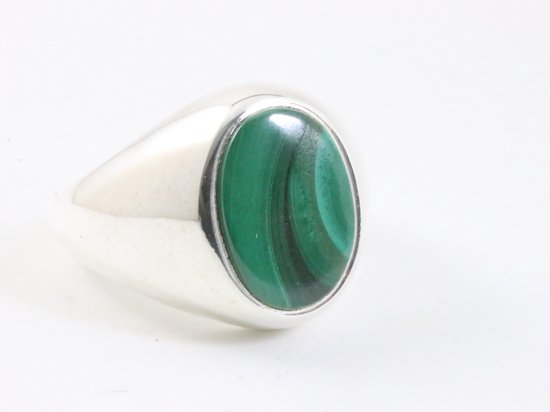 Ovale hoogglans zilveren ring met malachiet afbeelding 1