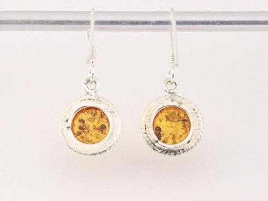 Fijne ronde bewerkte zilveren oorbellen met amber afbeelding 3