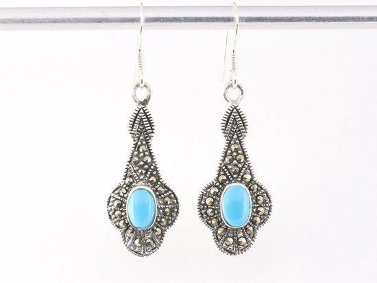 Zilveren oorbellen met blauwe turkoois en marcasiet afbeelding 4
