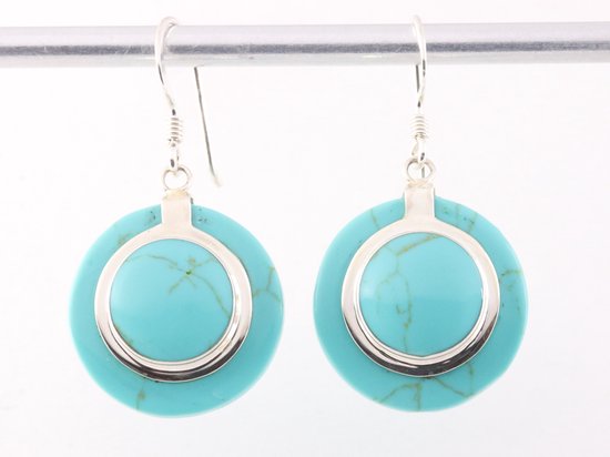 Ronde zilveren oorbellen met groene turkoois afbeelding 1