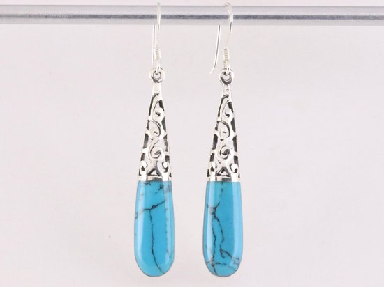 Lange opengewerkte zilveren oorbellen met blauwe turkoois afbeelding 4