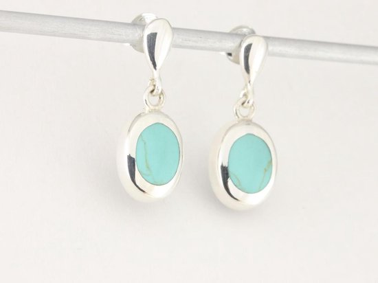 Hoogglans zilveren oorstekers met groene turkoois afbeelding 2