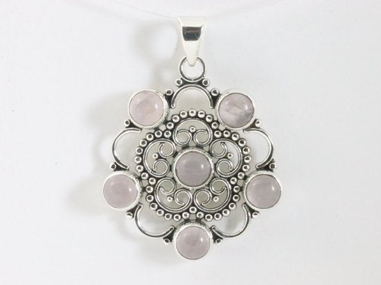 Opengewerkte zilveren hanger met rozenkwarts afbeelding 4