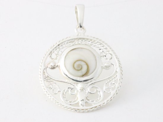 Ronde opengewerkte zilveren hanger met shiva oog schelp afbeelding 1