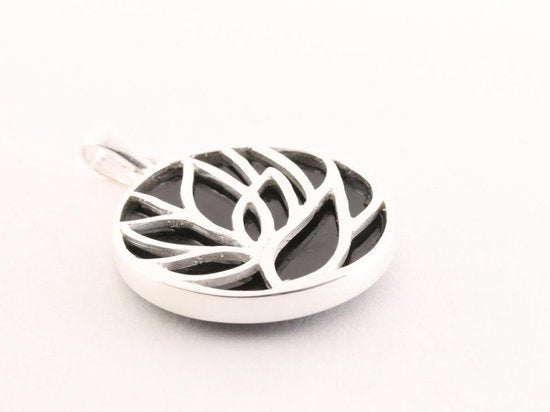 Ronde zilveren lotus hanger op onyx afbeelding 2