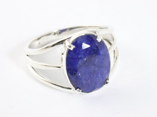 Opengewerkte zilveren ring met blauwe saffier afbeelding 1