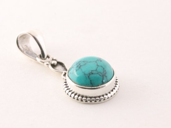 Fijne bewerkte zilveren hanger met turkoois aan ketting afbeelding 2