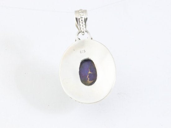 Bewerkte ovale zilveren hanger met paarse koperturkoois afbeelding 3