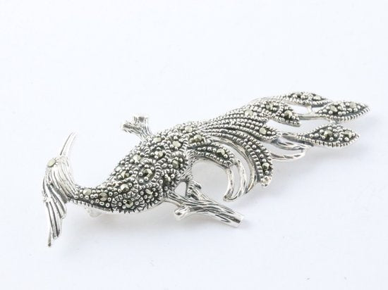 Zilveren pauw broche met marcasiet afbeelding 2