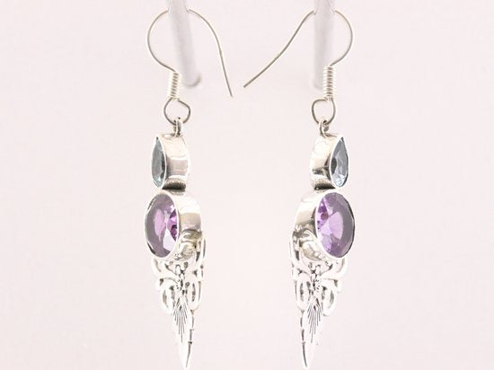 Lange zilveren oorbellen met amethist en blauwe topaas afbeelding 2