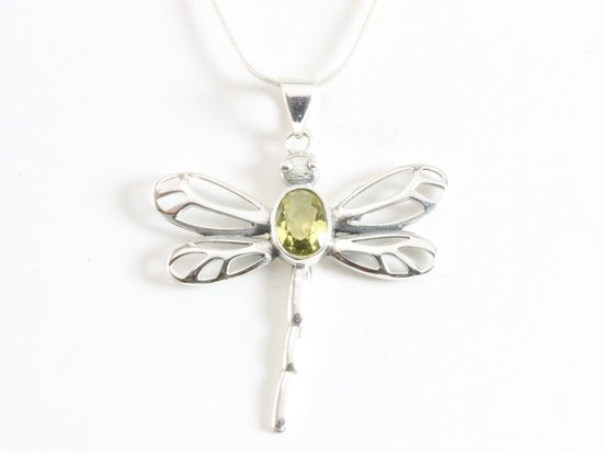 Opengewerkte zilveren libelle hanger met citrien aan ketting afbeelding 4