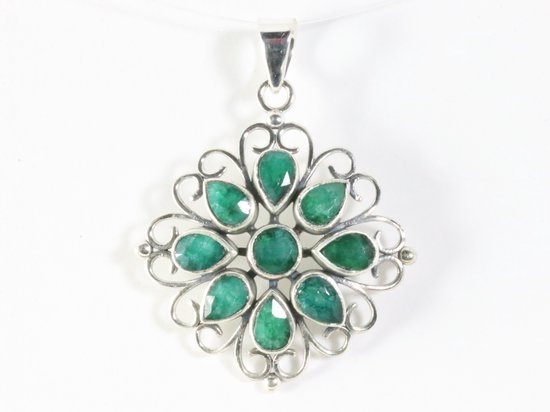 Opengewerkte zilveren hanger met smaragd afbeelding 4
