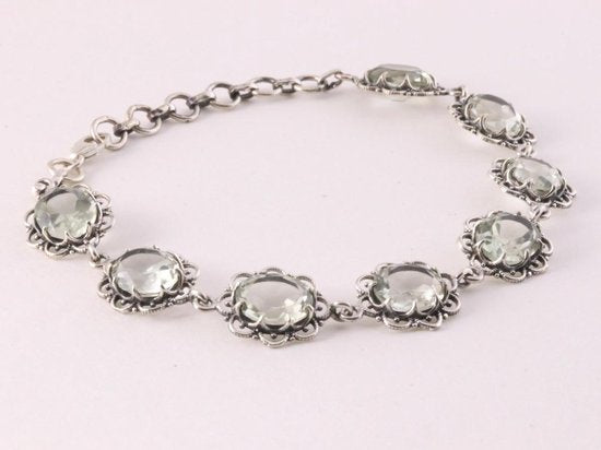 Bewerkte zilveren schakelarmband met groene amethist afbeelding 2