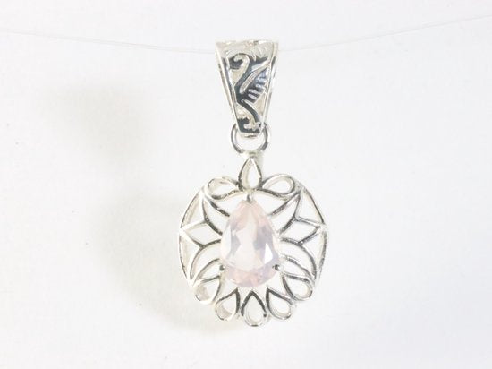 Fijne opengewerkte zilveren hanger met rozenkwarts afbeelding 4