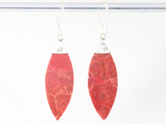 Lange zilveren oorbellen met rode koraal steen afbeelding 2