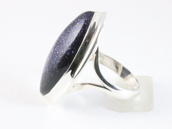 Langwerpige hoogglans zilveren ring met blauwe zonnesteen afbeelding 2