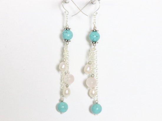 Lange zilveren oorbellen met turkoois, rozenkwarts en parel afbeelding 2