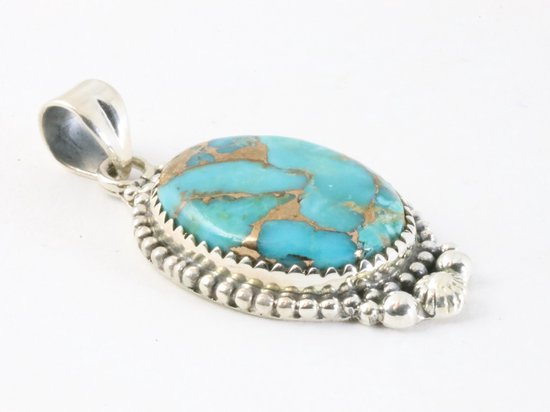 Bewerkte zilveren hanger met blauwe koperturkoois afbeelding 2