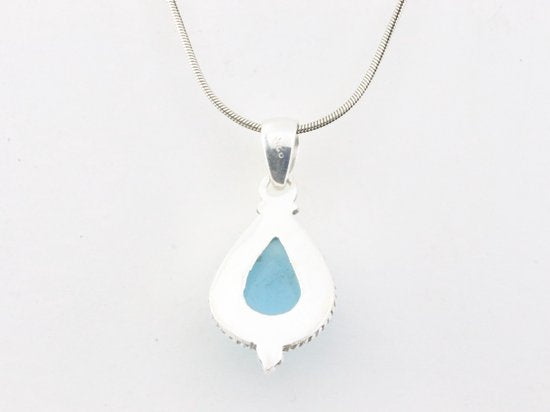 Bewerkte zilveren hanger met blauwe chalcedoon aan ketting afbeelding 3