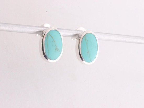 Ovale zilveren oorstekers met groene turkoois afbeelding 2