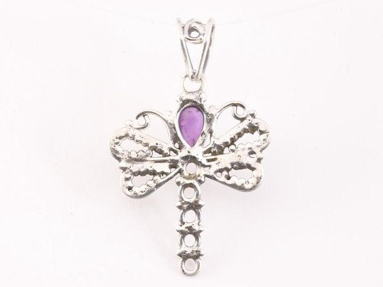 Opengewerkte zilveren libelle hanger met amethist afbeelding 3