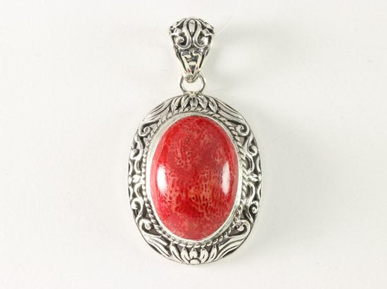 Opengewerkte zilveren hanger met rode koraal steen afbeelding 4