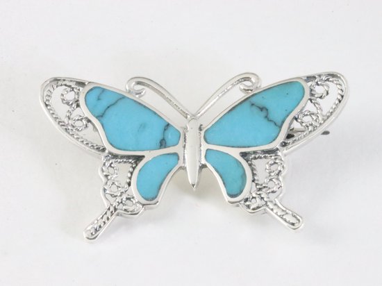 Zilveren vlinder broche met blauwe turkoois afbeelding 1