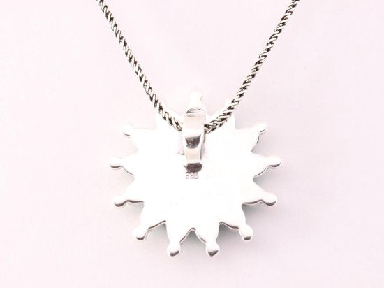 Bloemvormige zilveren hanger met groene turkoois aan ketting afbeelding 3