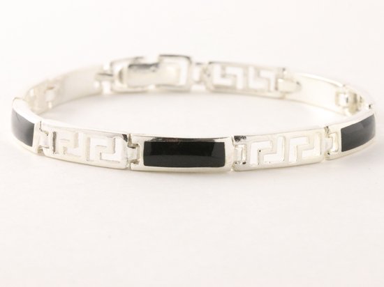 Opengewerkte hoogglans zilveren armband met onyx afbeelding 1