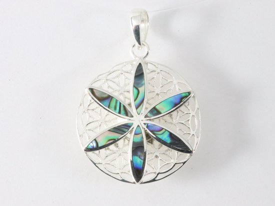 Ronde zilveren levensbloem hanger met abalone schelp afbeelding 4