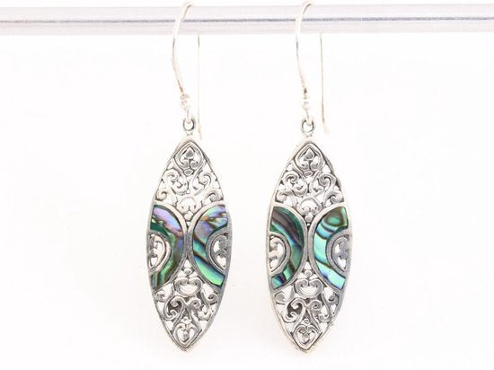 Lange bewerkte zilveren oorbellen met abalone schelp afbeelding 4