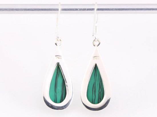 Grote druppelvormige zilveren oorbellen met malachiet afbeelding 3