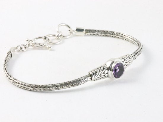 Traditionele zilveren snake armband met amethist afbeelding 2